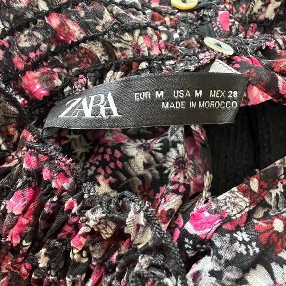 Zara black blouse Floral print Long sleeve peplum top boho romantic size M - Picture 3 of 13